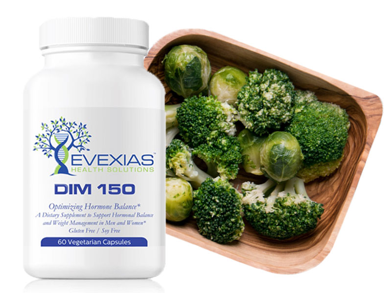 container of DIM tablets overlaying a plate of cruciferous vegetables to illustrate DIM supplement side effects
