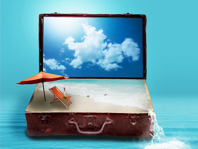 Tiny beach seat and sunshade in a seascape in a suitcase to illustrate varicose veins and travel