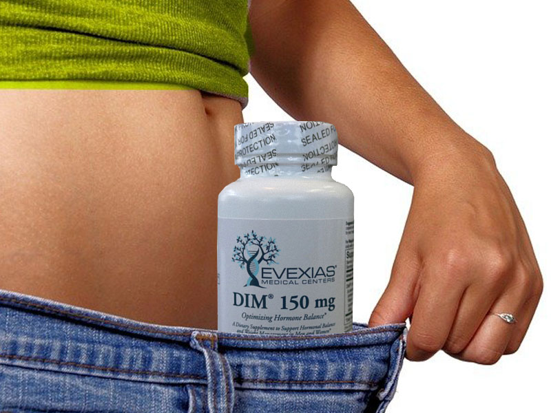 woman stretching out jeans at the waist to fit in a tub of DIM supplement to illustrate can DIM support weight loss